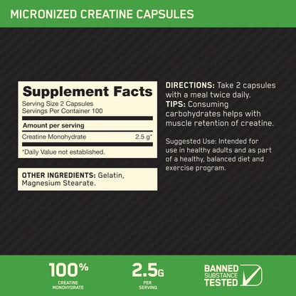 Optimum Nutrition Micronized Creatine Capsules 200 Capsules